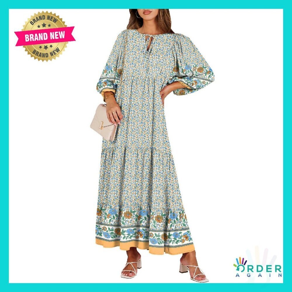 Boho Maxi Dress Flowy Swing V Neck Puff Sleeve Elegant Casual Long Dress